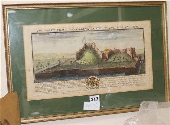 S & N. Buck 1733 engraving of Carisbrook Castle, Isle of Wight 22 x 40cm.
